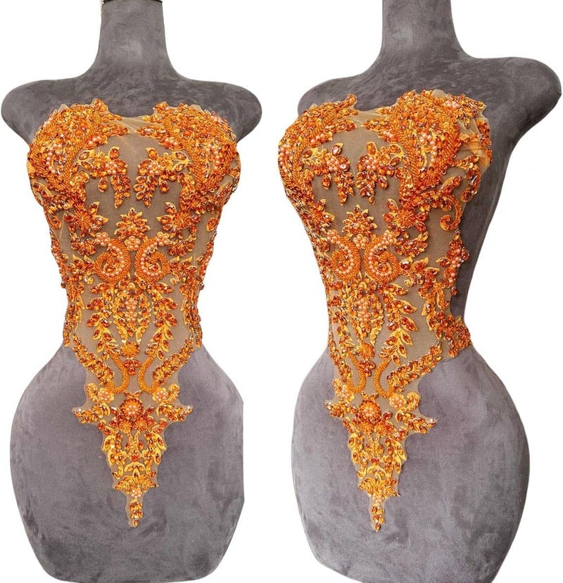 ArtistryXB Handmade Rhinestones Lace Bodice Applique Sew on Beads Sequins Trimming Patches for Dress Clothing Accessories 1Pcs/Bag (Orange) - Image 1